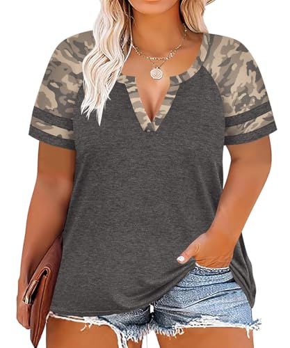 Image of CARCOS Plus Size Tops for Women Short Sleeve Summer Pullover Color Block Crewneck /V Neck Tee Tunic Loose Fit Tshirts XL-5XL