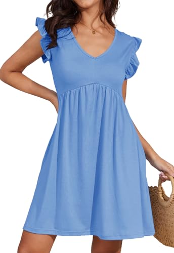 Alaster Queen Damenkleider Sommer Kleider für Damen Sundress Strandkleid Damen Tunika Kleid Babydoll A-Linie Hohe Taille Knielang V-Ausschnitt Kleid...