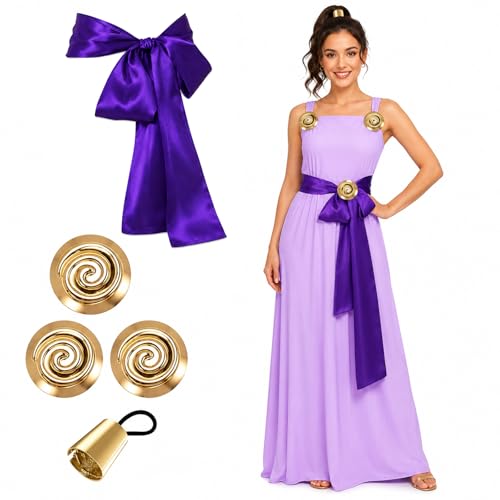 Gocasmus 5PCS Purple Princess Costume Accessories for Women Satin Sash Belt Ponytail Cuff and Gold Brooches Greek Goddess Cosplay Halloween Party Dress Up Set