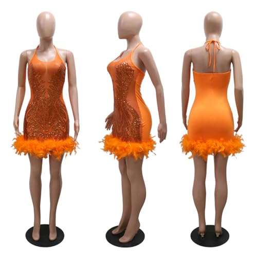 Image of WOKANSE Sequin Dress for Women Sexy Halter Sleeveless Mesh See Through Feathers Short Club Dresses