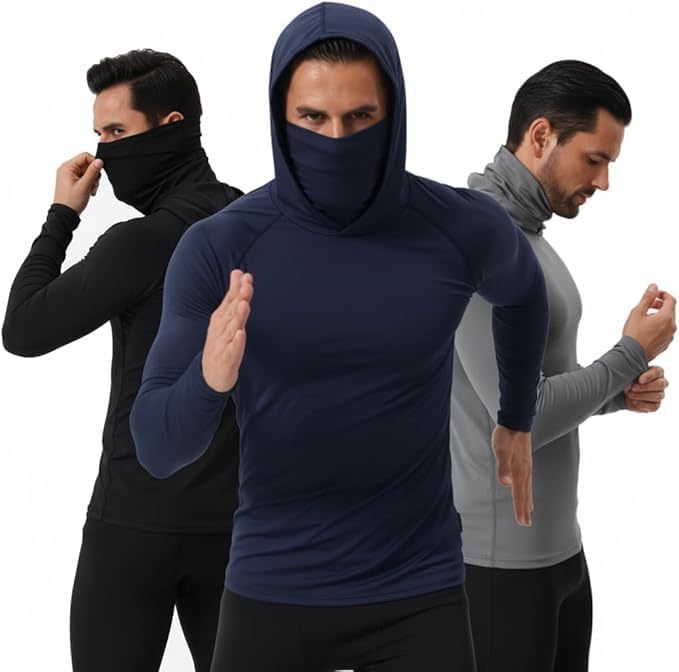 3-Piece Men's UPF 50+ Sun Protection Hoodies, Long Sleeve Moisture Wicking Shirts with Face Mask for Fishing