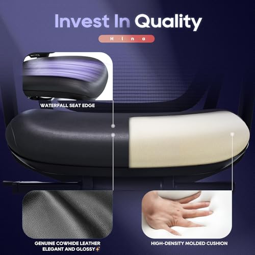Ergonomic Office Chair Without Headrest, Genuine Leather Seat, Adjustable Seat Depth, 4D Armrests, Aluminum Alloy Base, Mesh Back, High-End Executive Desk Chair Black (Obsidian Black)