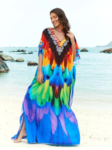 Image of IMAGEKOPE Women's Plus Size Loose Fit Moroccan Print V-Neck Batwing Kaftan Beach Dress Bathing Suit Cover Up