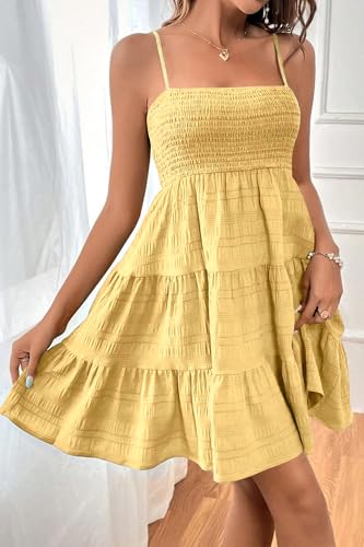 Image of HVEPUO Women Spaghetti Strap Sleeveless Smock Cami Mini Dress Summer Vacation Flowy Boho A Line Swing Short Dresses for Women