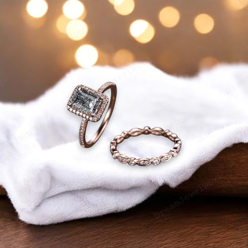 Vintage Emerald cut black rutilated quartz engagement ring set 14k rose gold art deco wedding ring for women unique bridal promise ring set birthday gift for her4