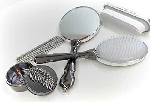 Handheld Makeup Vanity Mirror Comb Hair Brush Set | Hand Face Beauty Mirror (Silver) #TOP2