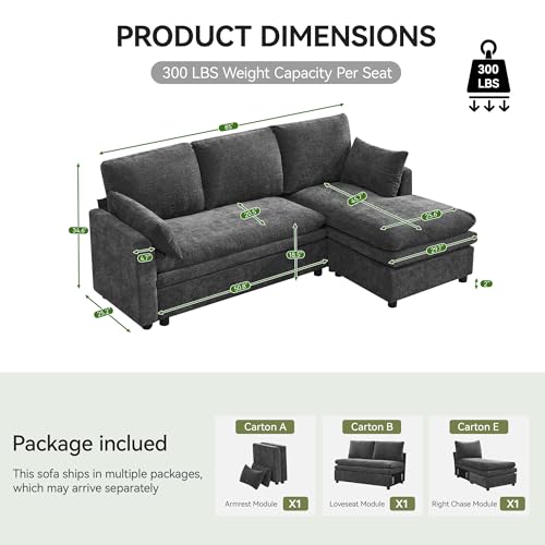 Image of 85 inch Sectional Couches with Right Chaise, Comfy Deep Dual-Layer Cushion Couch, 4 Seater L Shaped Couch, Modern Modular Sofa, Chenille Sofas for Living Room, Apartment, Grey
