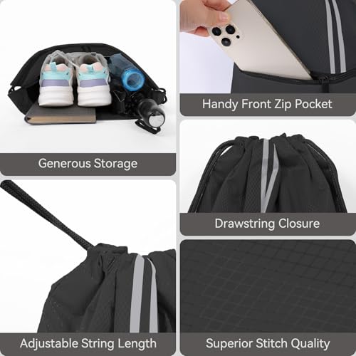 Image of Drawstring Backpack Sports Gym Bag, Draw String Back Bag for Men Women, Lightweight Sackpack with Zipper Pocket, Durable Large Two Tone Black