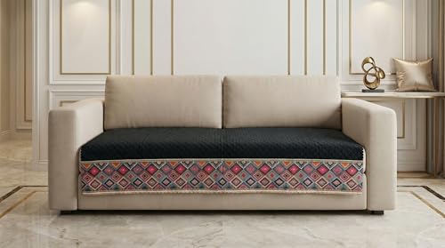 Image of Velvet Quilted Sofa Cover Mat Seat & Back, 2 Seater, L46in H32in, Black Color,Anti Skid Backing, 6in Hanging Strap Design, Washable Soft, Anti Slip, Separate, Style -Black-S2