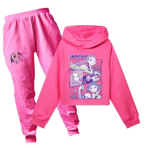 Girl's Cartoon Print Anime Demon Hunter Hooded Sweatshirt and Black Jogger Set Daily Wearing Set