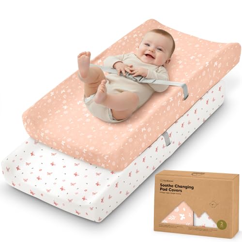 Image of 2-Pack Organic Changing Pad Covers for Girl,Boy, Neutral - 100% Cotton Changing Table Pad Cover,Soft Baby Nursery Diaper Changing Pad Sheets,Contour Changing Pads Liners,Change Pad Cover (Butterflies)