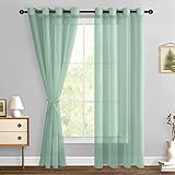 Hiasan Sheer Curtains for Living Room with Tieback, Airy Breathable Voile Textured Drapes Light Filtering Grommet Window Curtains for Bedroom, Kids' Room, Bean Green, W52 x L84, Set of 2 Soft Panels