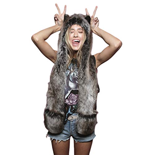 GUMEI 3 en 1 Femmes Hommes Moelleux en Peluche Animal Loup léopard Capuche écharpe Chapeau avec Pattes Mitaines Gants épaissir Hiver Chaud oreillette Bomber Casquette Cover