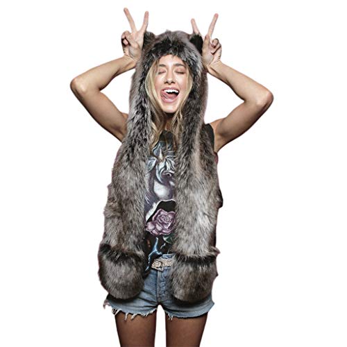 GUMEI 3 in 1 Donna Uomo soffice Peluche Animale Lupo Leopardo Cappuccio Sciarpa Cappello con Zampe Guanti Guanti Addensare Inverno Caldo paraorecchie Berretto Bomber