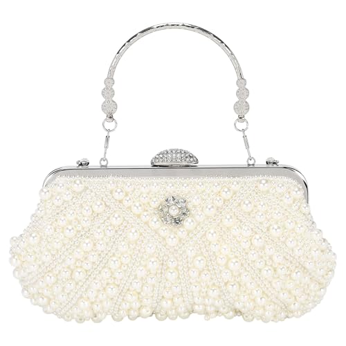 Image of DTGN Evening Bags Clutch Purses for Women Formal, Bridal Purses Pearl Handbags Shoulder Bag with Chain for Women Formal Wedding Club Party Beige
