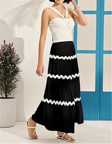 Womens RIC Rac Flowy Boho Maxi Skirts Elastic High Waist Wave Tiered A Line Long Beach Skirts3