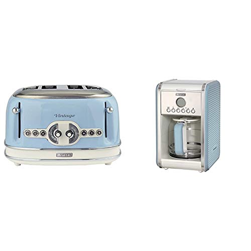 Ariete Vintage 156 Grille-pain 4 tranches, 6 niveaux de grillage, 1600 W, acier inoxydable, 4 fentes, bleu & Ariete 1342 Percolateur, Carafe en Verre Trempé Jusqu'à 12 Tasses, Bleu