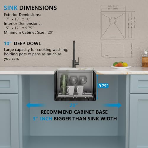 Image of 17 inchx19 inch Black Bar Prep Sink Undermount Workstation | Gunmetal Black NANO-PVD 16 Gauge T304 Stainless Steel Single Bowl Under Counter Basin for RV Kitchen Wet Bar Prep Station