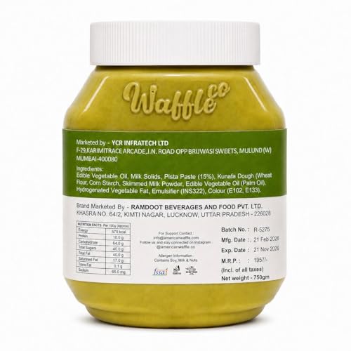 Image of THE AMERICAN WAFFLE CO Kunafa Pistachio Spread 750g | Premium Pistachio Dessert Spread | Gourmet Sweet Spread for Bread, Waffles, Pancakes, Toast, Cakes & Dessert Toppings