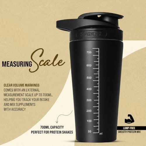 Image of Stainless steel shaker 700ml protein shaker bottle - leak proof 304 SS food grade steel, gym shaker, shaker bottles for protein, steel shaker for gym (Black)
