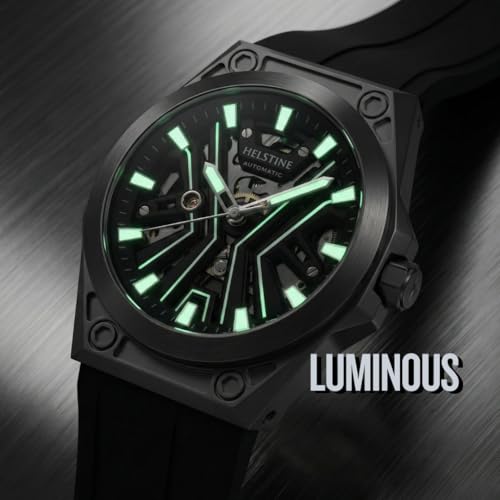 Image of Men's Automatic Mechanical Skeleton Watch, 48-Hour Power Reserve, Stainless Steel Case 47mm, Black Dial, Hardlex Glass, Luminous Hands, 5ATM Water Resistant, Silicone Strap