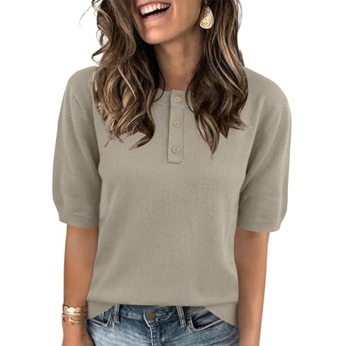 AKEWEI Sweaters for Women Crew Neck Short Sleeve Tops Knit Button Down Shirts Pullover Sweater
