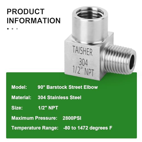 TAISHER 2PCS 304 Stainless Steel Square 90 Degree Barstock Street Elbow, 1/2 Inch NPT Male Pipe to 1/2 Inch NPT Female 304 Stainless Pipe Fitting by TAISHER - Image 7