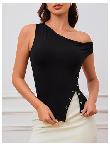 Milumia Women's Off One Shoulder Tank Top Asymmetrical Button Hem Going Out Tee Shirts3
