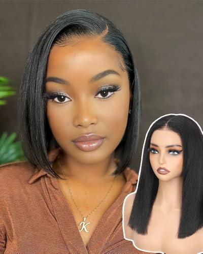 GUDOZO Yaki Straight Bob Human Hair Wigs 9x6 Bye Bye Knots HD Lace Front wig Glueless Wigs Human Hair Pre Plucked Pre Cut Pre Everything Yaki Bob 180% Density 10Inch