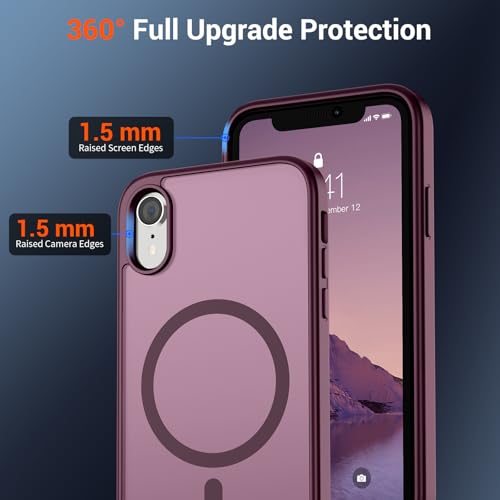 Image of SUPFINE Magnetic for iPhone XR Phone Case Wine Red | With Screen Protector, Translucent Matte, Compatible with MagSafe, Military Grade Drop Proof, Rugged Shockproof Protective