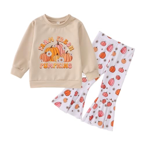 Halloween Bell Bottoms Outfit Toddler Baby Farm Fresh Pumpkin Sweatshirt Crewneck Long Sleeve Pullover + Flare Pants