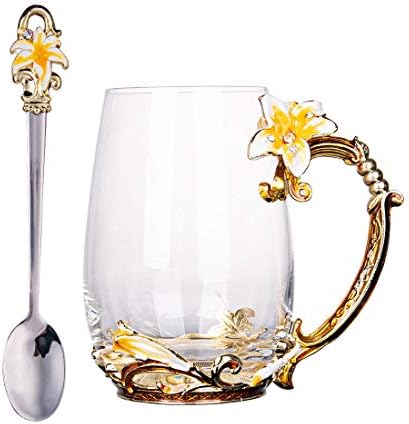 C&Z Enamel Glass Mug Butterfly Flower Lead-Free Drinking Tea Cup Coffee Mugs with Steel Spoon Set for Women Birthday Valentines Wedding Day Gifts Purple