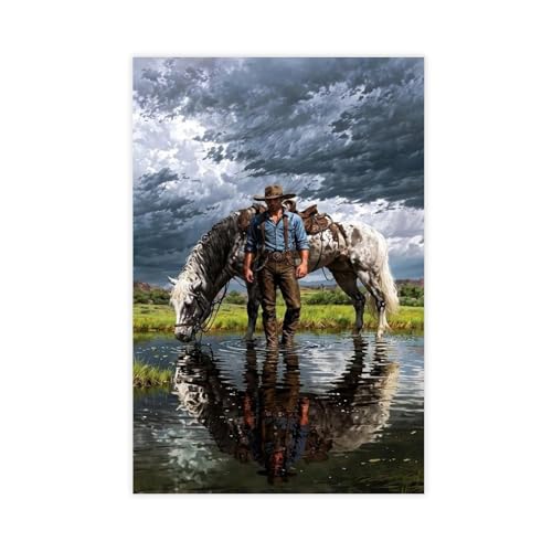 Toile minimaliste cowboy et cheval grand format pour habiller un mur vide