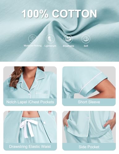 Image of COLORFULLEAF Women's 100% Cotton Pajamas Set Button Down Sleepwear Short Sleeve Shirt and Long Pants Soft Ladies Lounge Sets