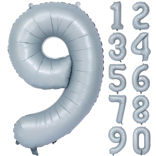 Image of 40 In Matte Gray Birthday Number Balloons 9 Helium Foil Mylar Balloon | Birthday Party Decorations Suitable For Boys' And Girls' Birthday Parties Anniversary celebration