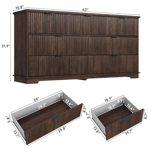 Fluted 7 Drawer Wood Dresser with Power Outlet, Brown