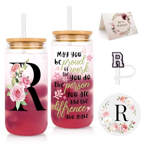 Initial Glass Cups with Lids and Straws, Personalized Gifts for Women (R)