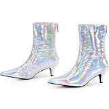 Perphy Metallic Kitten Low Heels Booties Pointed Toe Silver Ankle Boots for Women 9 M US
