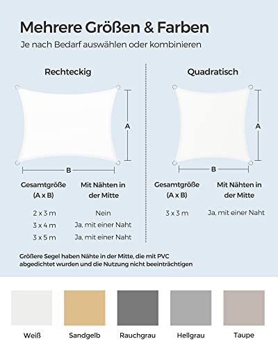 SONGMICS Sonnensegel 3 x 3 m, wasserdicht, 665 mm Wassersäule, Sonnenschutz aus reißfestem Polyester, 93% UV-Schutz, Terrasse, Garten, Balkon, quadratisch, 2 m Seile, Weiß 6
