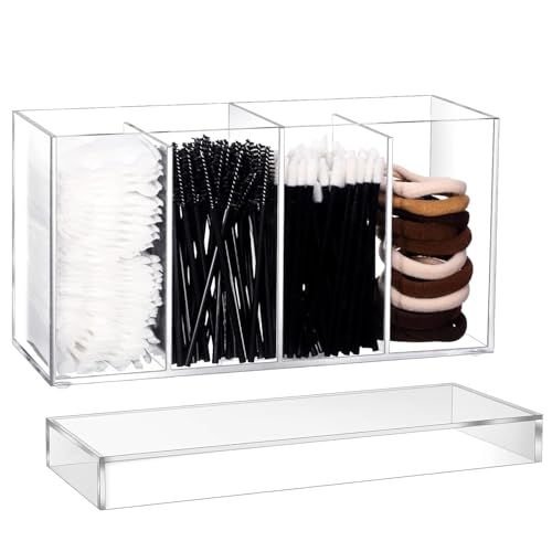 Image of 4 Compartment Acrylic Makeup Organizer with Lid - Clear Cosmetic Storage Box with 4 Trays for Eyelash, Mascara, Brushes, Cotton Balls, Bathroom & Office Use