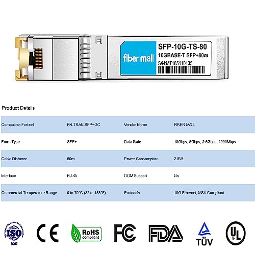 Image of 10G SFP+ RJ45 80m for Fortinet FN-TRAN-SFP+GC FS-TRAN-SFP+GC Mini-GBIC 10GBase-T SFP+ Transceiver 80m 10G-T Copper SFP+ to RJ-45