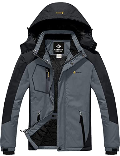 GEMYSE Chaqueta de Esquí Impermeable de Montaña para Hombre Abrigo de Invierno de Lana Antiviento con Capucha (Negro Gris 02,L)