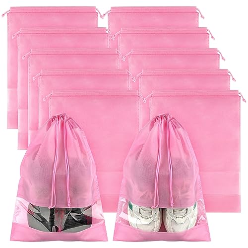 Large Pink Travel Shoe Bags - 10 Pcs, Non-Woven Drawstring with Clear Window (12.6' X 17.3')