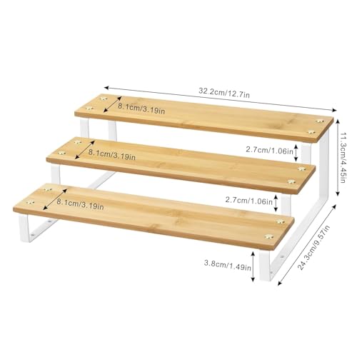 Image of 3 Tier Wooden Spice Rack for Kitchen Countertop -Step Shelf Organizer for Spices, Jars & Condiments | Metal Frame Wood Shelf For Counter Storage - Walnut (35 x 24 x 15 cm)