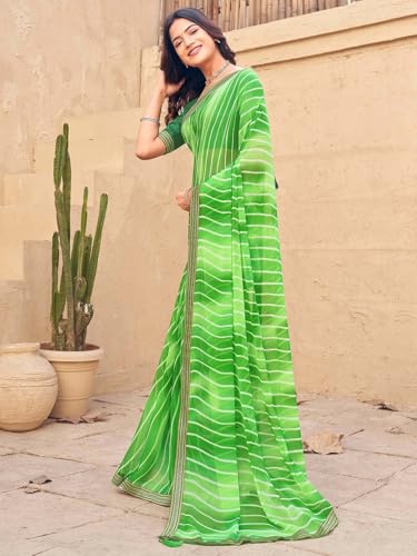 Image of SIRIL Women's Georgette Leheriya Printed Embroidery Lace Boarder Saree With Unstitched Blouse Piece