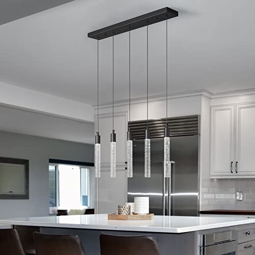 Image of Kitchen Island Lighting Modern Light Fixture Black Pendant Light Dimmable LED Black Finish Mini Crystal Pendant Lights for Dining Room Living Room(5-Light)
