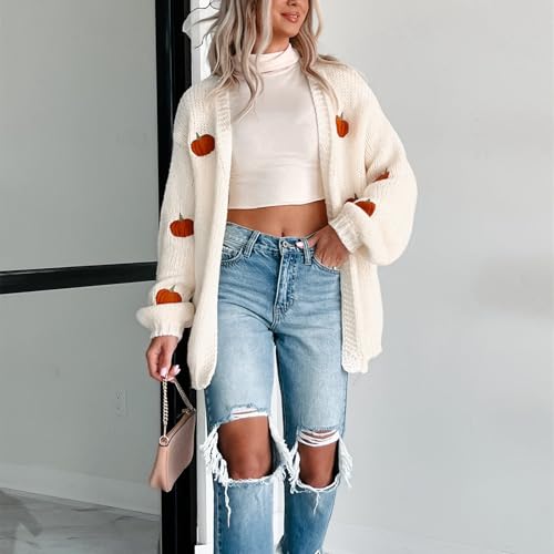 Women Pumpkin Embroidery Sweater Cardigan Open Front Loose Casual Pattern Knit Long Cardigans Coats Holiday Sweater4