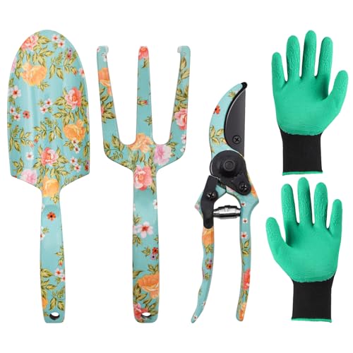 JNUYISW Juego de Herramientas de Jardin, 4 Piezas Herramientas Jardineria con Estampado Floral Incluido Rastrillo, Pala de Mano, Tijeras de Podar, Guantes Kit de Regalo de Jardinería para Mujeres