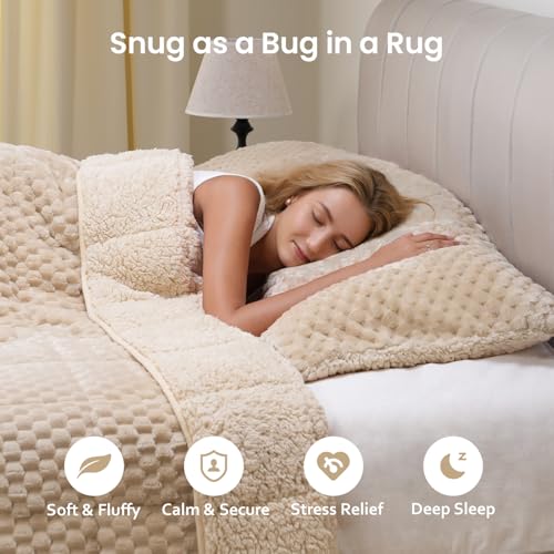 Image of Drewin 20lbs Weighted Blanket Queen Size, Double-Sided Cozy Fluffy Jacquard Sherpa Weighted Blanket, Soft Adult Weighted Blankets for Couch Bed, Ceramic Beads, 60 x 80 inches, Beige