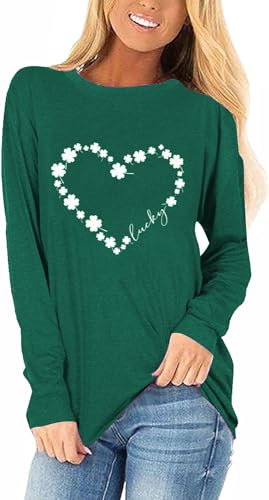 Womens St Patrick's Day Shirts Long Sleeve Heart Lucky Clover T-Shirts Crewneck Leopard Plaid Shamrock Tee Shirts Tops (XL,Green 4)
